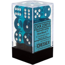 Translucent Set of 12 D6 Dice (Teal/White) Dice